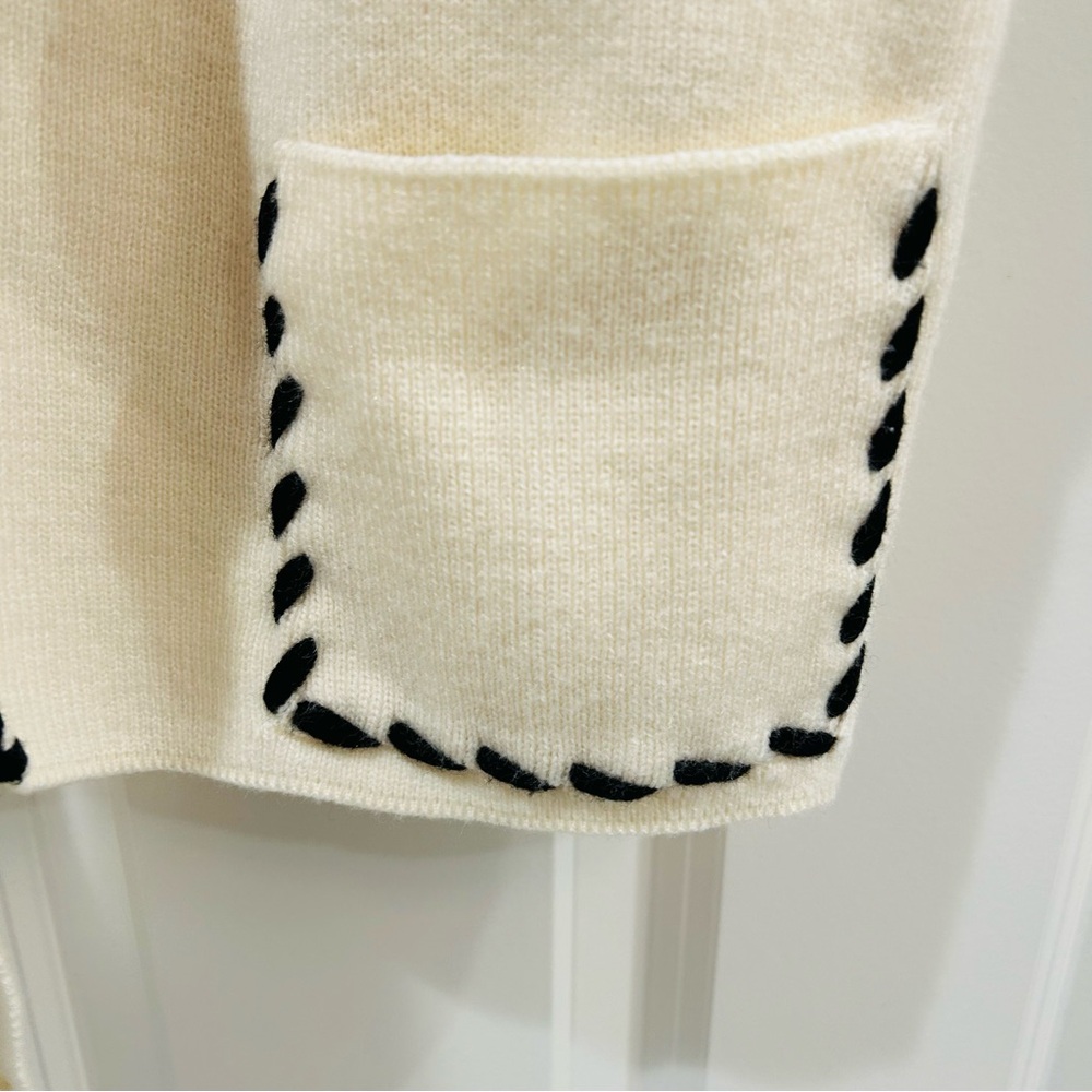 Vintage Cream Knit Cardigan Whipstitch Black Trim Vest Sleeveless - Picture 7 of 13